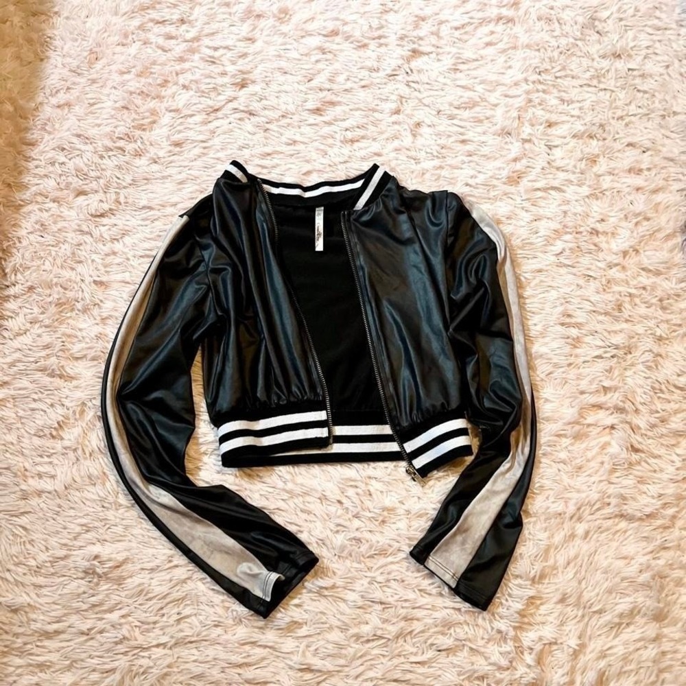 Faux Leather Silky Retro Grunge‎ Cropped Bomber Jacket Womens S Pinup Rockabilly